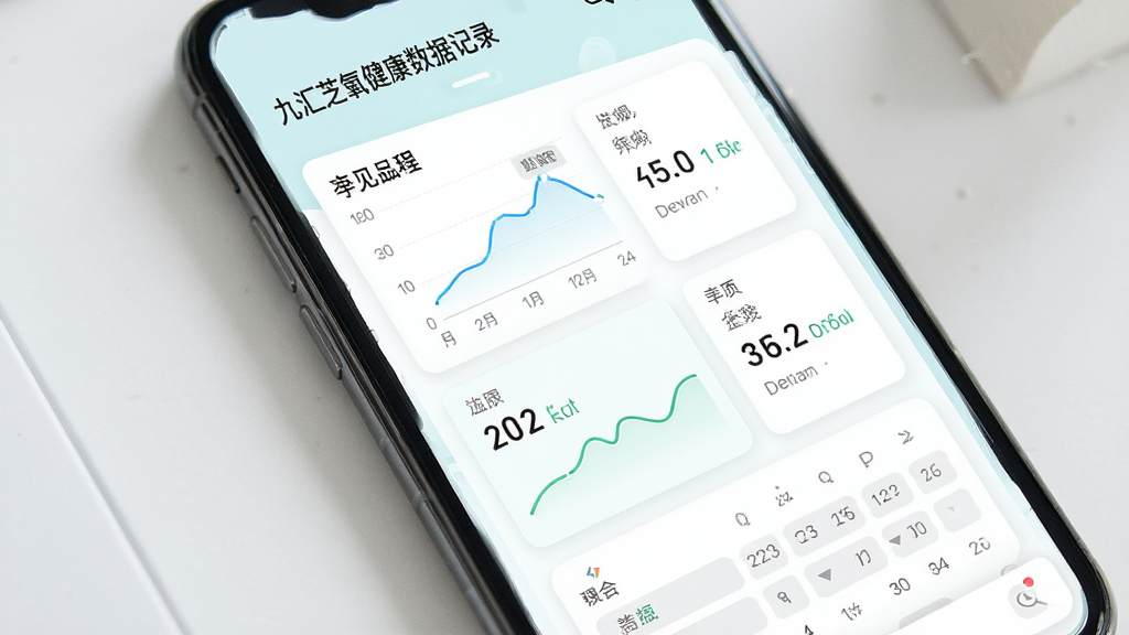 九汇芝氧健康数据记录界面,主体为手机屏幕显示多个数据卡片,布局为纵向排列,排版清晰,风格为清新浅色系,细节包括折线图、数值标签、日期选择器,画质高清,干净,无多余元素