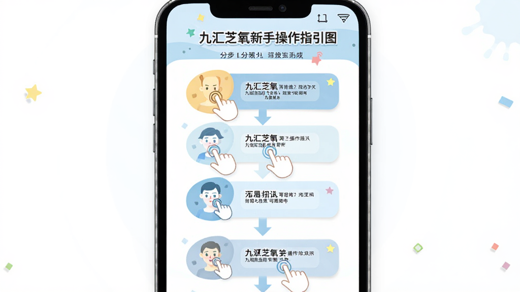 九汇芝氧新手操作指引图,主体为手机屏幕显示分步教程,布局为纵向步骤条,排版清晰,风格为扁平插画风,细节包括手指点击图标、箭头指示、文字说明框,画质高清,干净,无多余元素