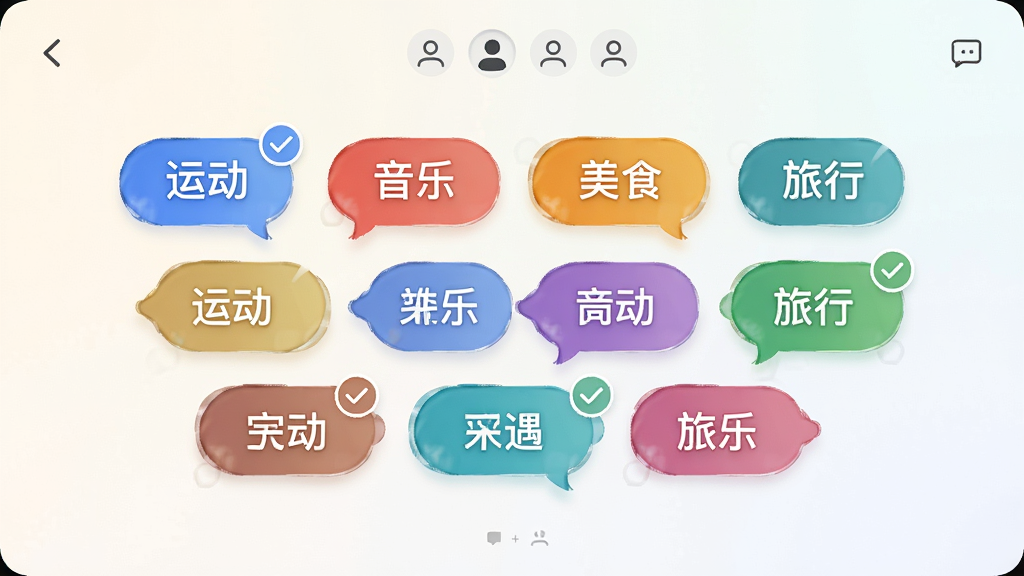ͬ��̽����Ȥ��ǩѡ����棬��������Ϊ�����ɫ��ǩ���ݣ���ǩ�������˶��������֡�����ʳ�������С������֣�����Ϊǳɫ���䣬��������罻���������룬ϸ����ѡ��״̬��ѡ��ǣ����ʸ��壬�ɾ����޶���Ԫ��