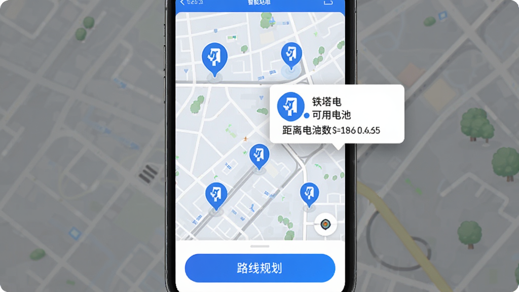 铁塔换电智能站点导航界面,手机屏幕显示城市地图,地图上有多个铁塔换电站点图标,其中一个站点弹出信息框展示距离与可用电池数,界面底部有路线规划按钮。风格为现代扁平化设计,蓝白配色,画面干净,画质清晰。
