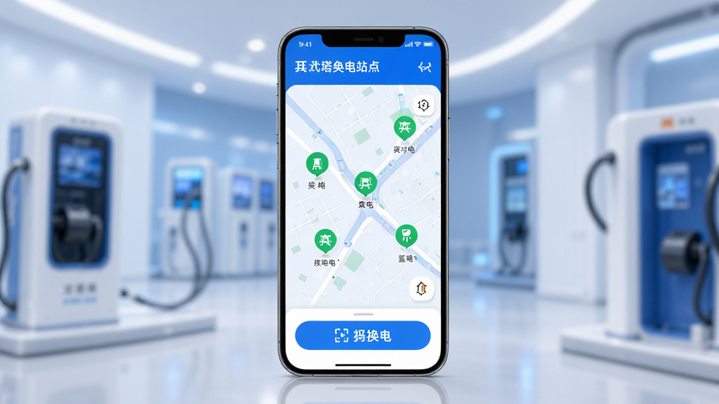 铁塔换电应用主界面展示,画面中央是整洁的手机屏幕,屏幕内呈现地图与附近换电站点标记,站点以绿色图标高亮显示,底部有扫码换电按钮。整体采用蓝白科技风格,布局清晰,干净明亮,画质高清,无多余元素。