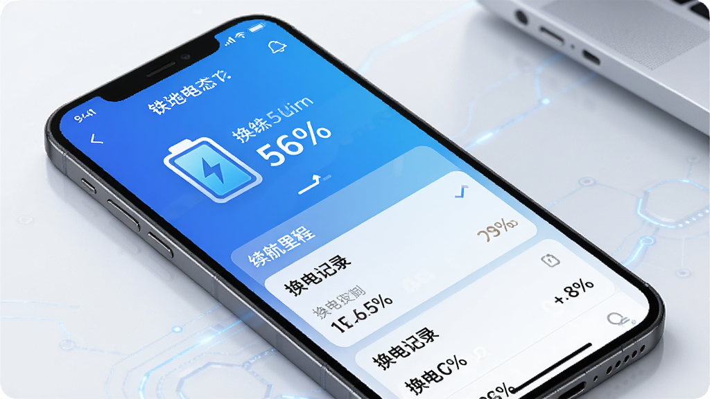 铁塔换电电池状态追踪页面,手机屏幕显示电池图标与电量百分比,下方列出续航里程与换电记录列表,界面以蓝色渐变为主,数据清晰易读,风格简约科技感,画质干净。