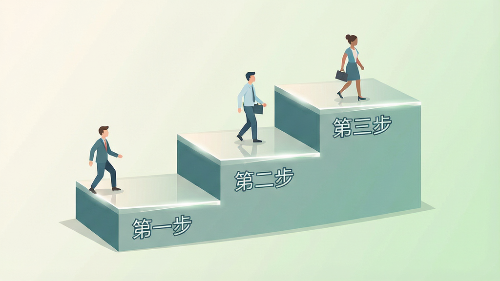 一张信息图表风格的插画,画面主体是一个由三个台阶组成的阶梯图形,每个台阶上分别标注着第一步、第二步、第三步的文字,台阶两侧有小人正在向上行走,背景是柔和的米白色和浅绿色渐变,风格为现代扁平化商务插画,细节包括台阶边缘的高光线条和清晰的文字标签,画质清晰干净,无多余元素