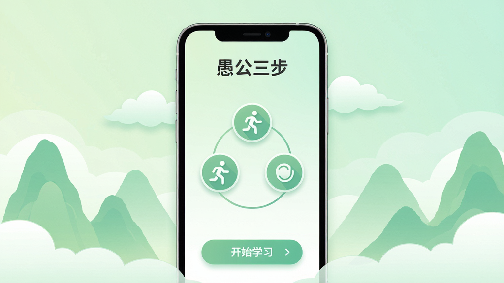 一张手机应用主界面截图风格的插画,画面中央是一部竖向放置的智能手机,手机屏幕上显示着愚公三步APP的首页,顶部有愚公三步的文字标识,中间是三步流程的圆形图标排列,底部有开始学习按钮,手机周围环绕着淡绿色的山水云雾元素,整体布局居中对称,风格为清新简约的扁平化数字插画,细节包括柔和的渐变背景和细腻的图标阴影,画质清晰干净,无多余元素