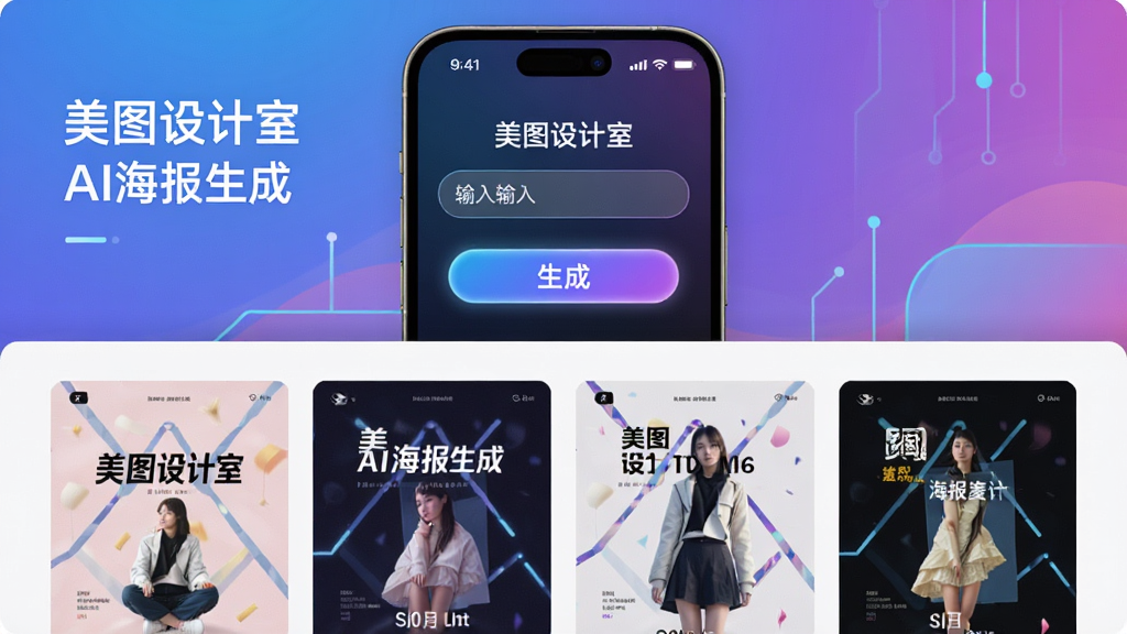 美图设计室AI生成海报界面,主体为手机屏幕显示输入框与生成按钮,下方展示四张不同风格的海报预览图,布局为上方输入区下方结果区,排版简洁,风格为未来科技感,细节包括发光按钮、渐变背景、文字“美图设计室”与“AI海报生成”,画质清晰,干净,无多余元素