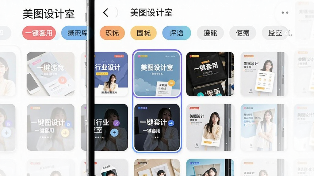 美图设计室模板库界面,主体为手机屏幕内展示多行业海报模板网格,布局为顶部横向分类栏与下方三列缩略图,排版紧凑有序,风格为清新明亮扁平化,细节包括彩色标签、圆角卡片、选中高亮边框,画面中文字标注“美图设计室”与“一键套用”,画质清晰,干净,无多余元素