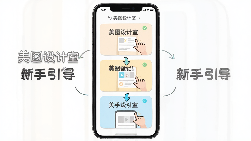 美图设计室新手操作引导页,主体为手机屏幕展示分步操作图示,布局为纵向三步骤卡片,排版清晰,风格为友好插画风,细节包括手势图标、箭头指引、文字“美图设计室”与“新手引导”,画质高清,干净,无多余元素