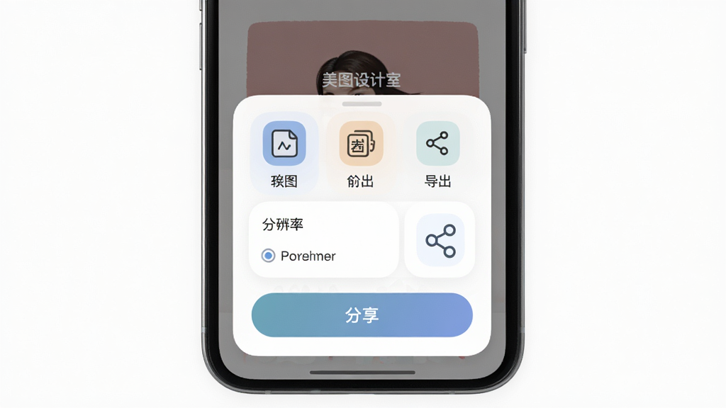 美图设计室导出与分享界面,主体为手机屏幕弹出导出格式选择面板,布局为底部弹窗覆盖在作品预览上方,排版清晰,风格为柔和圆角卡片,细节包括格式图标、分辨率选项、分享按钮,画面中文字标注“美图设计室”与“导出”,画质高清,干净,无多余元素