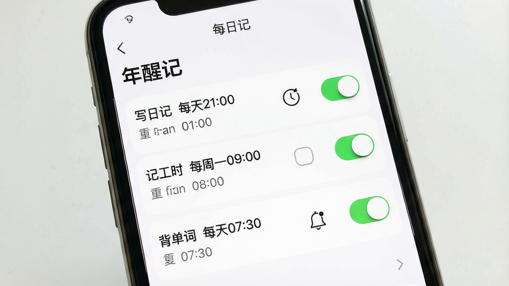 一张展示“每日记”提醒设置界面的场景图,画面为手机屏幕,屏幕上显示提醒列表,包含“写日记 每天21:00”“记工时 每周一09:00”“背单词 每天07:30”等条目,每条右侧有开关按钮。布局为垂直列表,背景为白色。风格为简约移动端设计,细节包括时间选择器、重复选项、通知图标。画质高清,文字清晰,界面干净无杂乱。