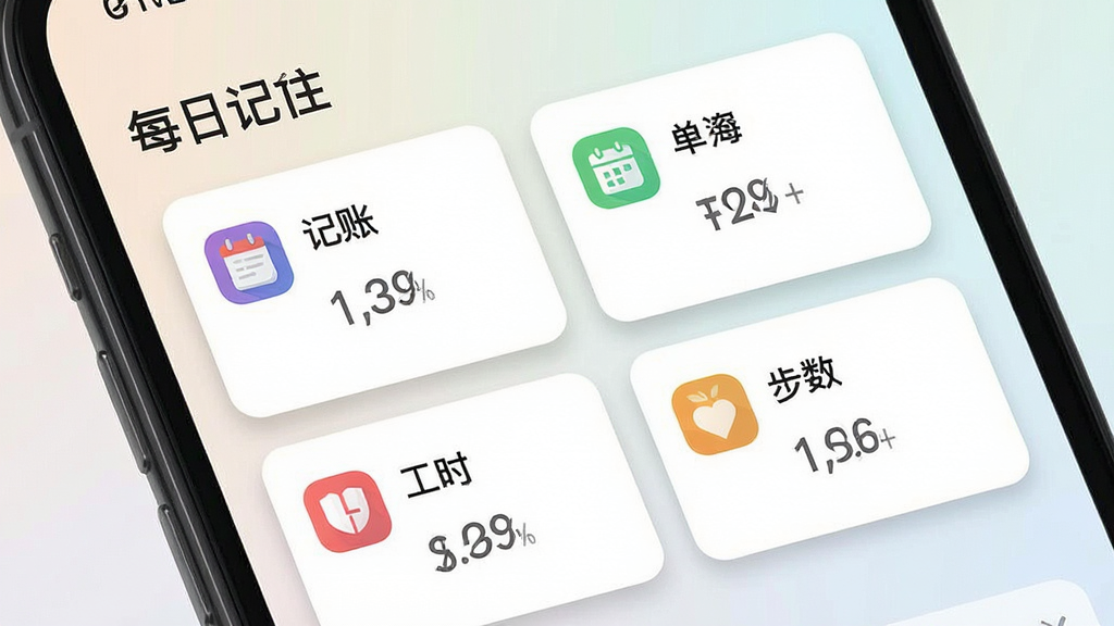 一张展示“每日记”多合一记录面板的界面图,画面为手机屏幕特写,屏幕上排列着日记、记账、工时、单词、步数五个功能卡片,每个卡片有图标和简要数据。布局为两列网格,背景为浅色渐变。风格为扁平化UI设计,细节包括卡片阴影、图标色彩区分、文字标签。画质清晰,界面干净整洁,无多余装饰元素。
