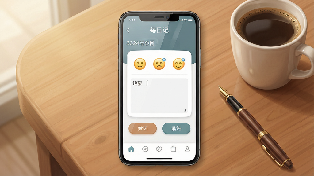 一张手机屏幕展示日记记录界面的场景图,画面中央是一部竖屏智能手机,屏幕上显示着“每日记”应用的主界面,包含日期、心情表情、文字输入框和底部功能按钮。背景为温馨的木质桌面,旁边放着一杯咖啡和一支笔。整体布局简洁,上方为状态栏,中部为记录卡片,底部为导航栏。风格为写实插画风,细节包括屏幕反光、按钮圆角、文字清晰可辨。画质高清,光线柔和,干净无多余元素。