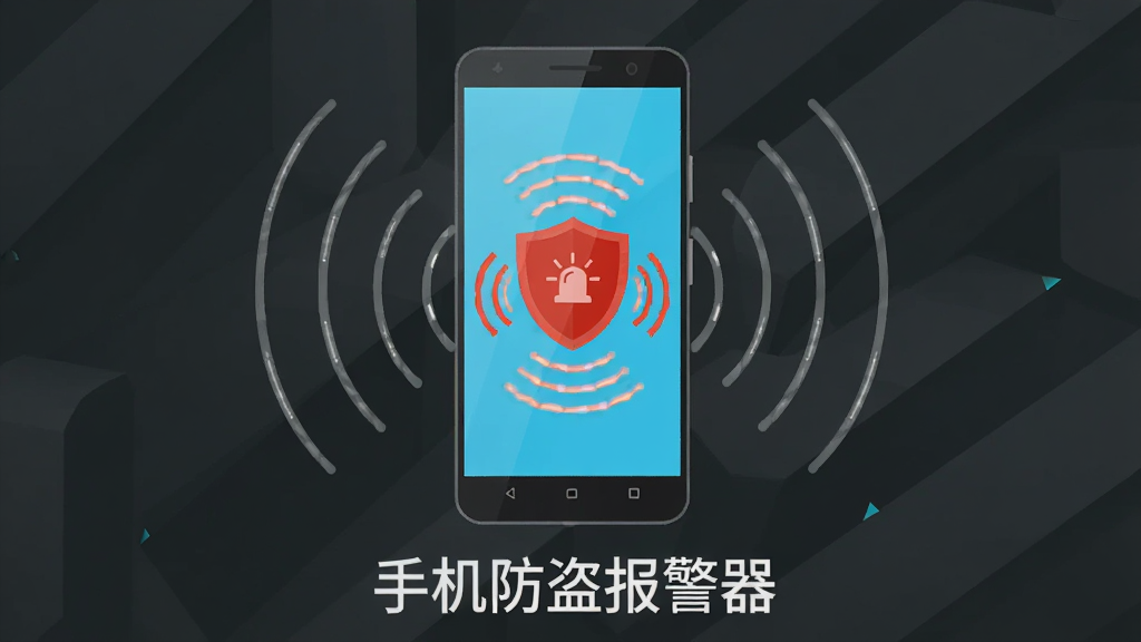 画面中央是一部竖立的安卓手机,手机屏幕亮起显示红色盾牌和警报波纹图标,手机周围环绕着声波扩散的线条,背景是简约的深灰色调,手机下方有「手机防盗报警器」字样,整体风格为扁平化科技感,细节清晰,画质干净,无多余元素