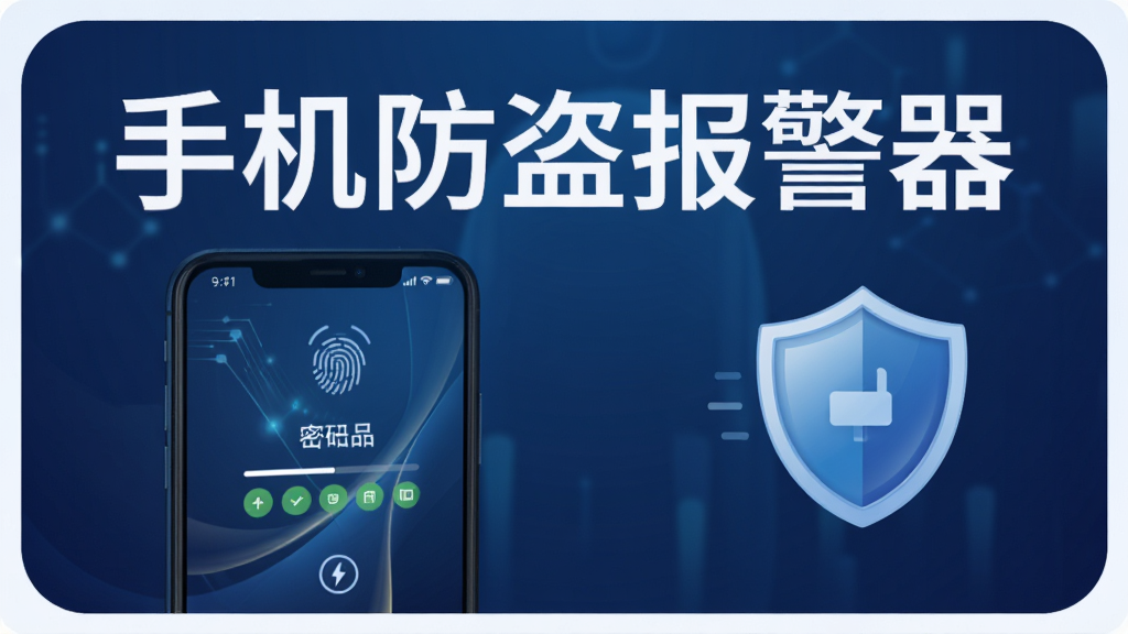 手机屏幕显示密码输入界面和指纹图标,背景为深蓝色渐变,画面中有「手机防盗报警器」文字和盾牌图标,风格为简约安全主题,画质干净,无多余元素