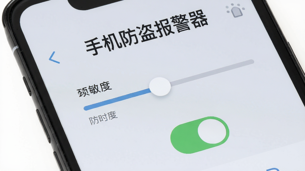 手机屏幕显示手机防盗报警器的设置界面,有灵敏度滑块和开关按钮,背景为浅灰色,画面中有「手机防盗报警器」文字,风格为扁平化UI设计,画质清晰干净