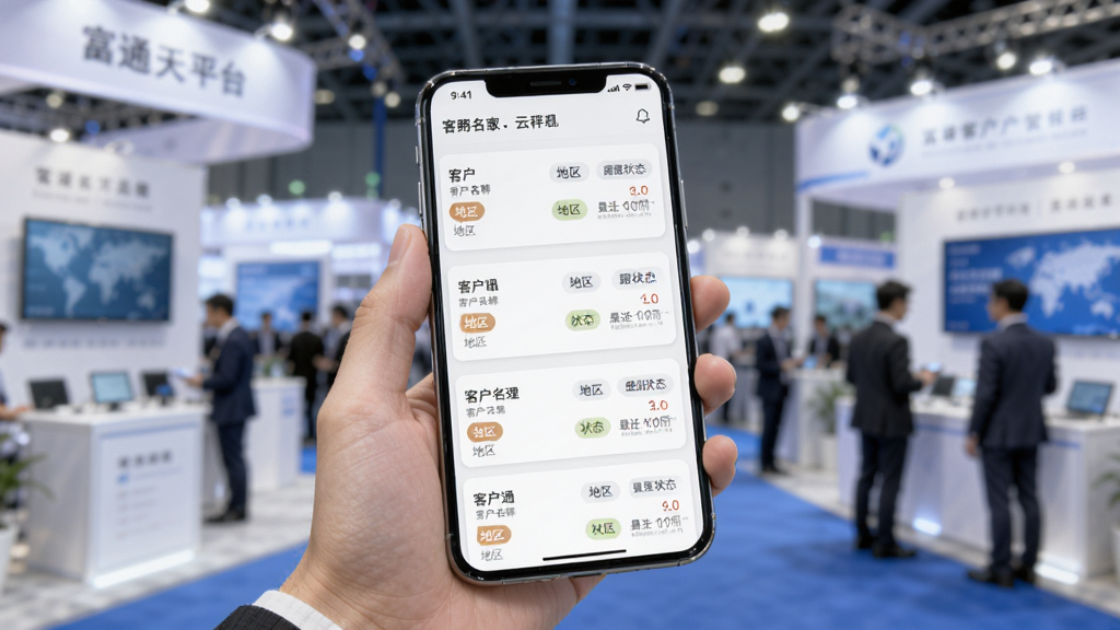 富通天下云平台移动客户管理功能展示,画面中一只手拿着手机,屏幕上显示客户档案卡片列表,每张卡片包含客户名称、地区标签、跟进状态和最近联系时间,背景是展会现场虚化场景,风格商务简洁,细节清晰,画质高清,干净无多余元素