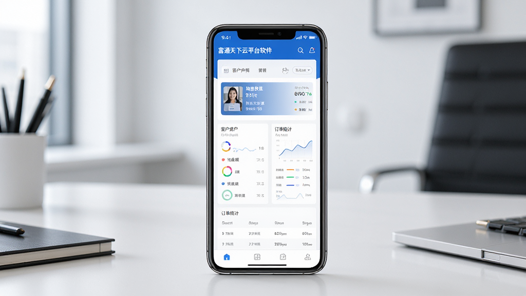 富通天下云平台软件主界面展示,画面中央是一部智能手机,屏幕上显示外贸客户管理系统的仪表盘界面,包含客户列表、询盘数量、订单统计等模块,整体采用蓝白商务配色,背景为简洁的办公室桌面,风格现代专业,细节清晰,画质高清,干净无多余元素