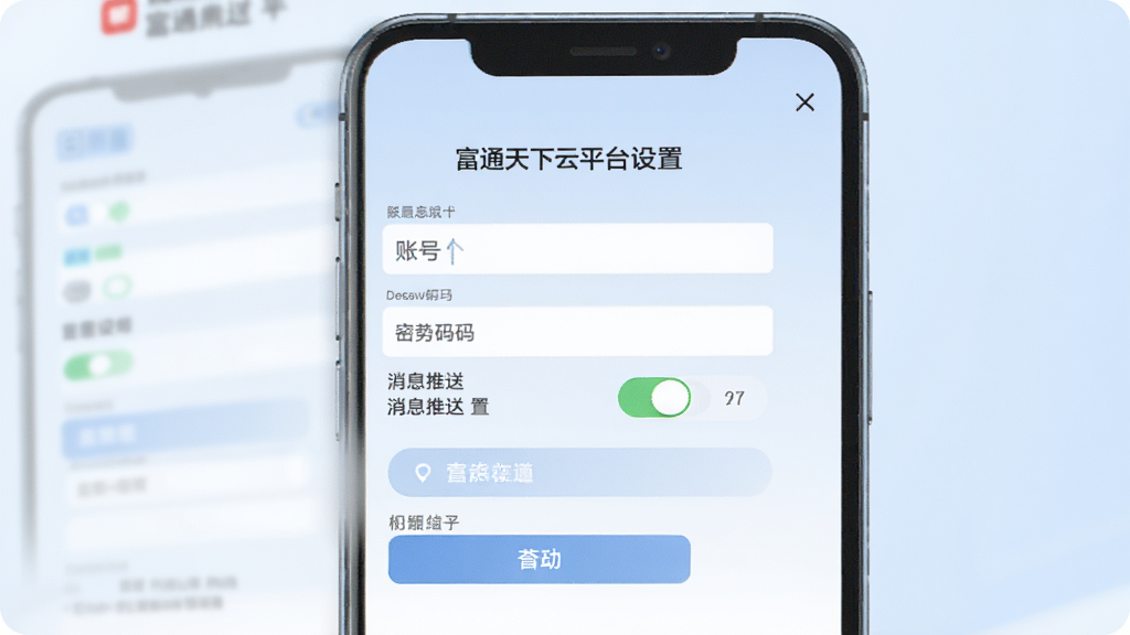 富通天下云平台手机端登录与设置界面,画面展示手机屏幕上的登录页面和权限设置选项,包含账号输入框、密码框、消息推送开关等元素,背景为简洁的浅色渐变,风格清爽干净,细节清晰,画质高清,无多余元素