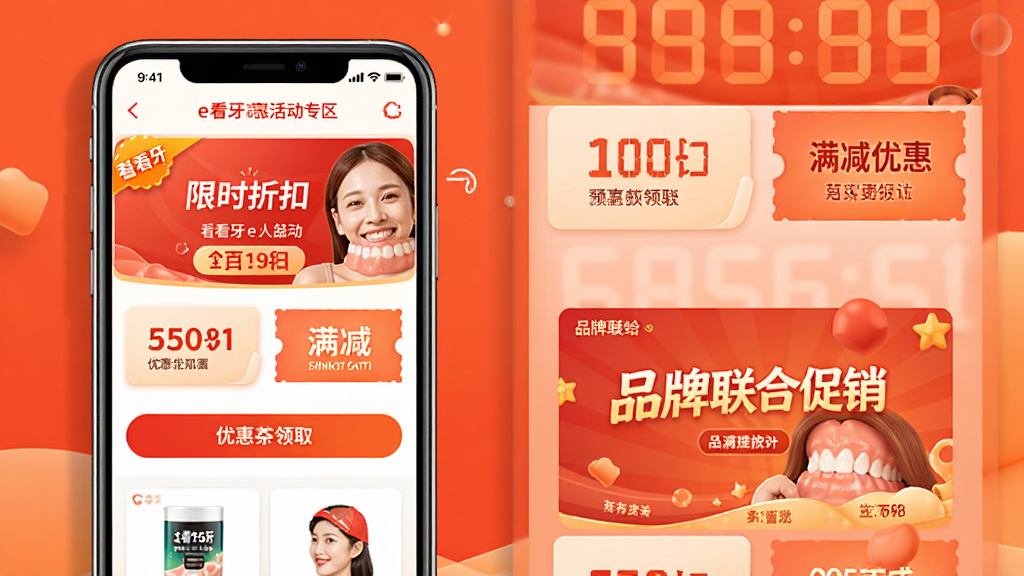 e看牙商城优惠活动专区页面,主体为手机屏幕显示促销活动横幅,包含限时折扣标签、满减优惠券图标、品牌联合促销海报;布局采用纵向滚动式排版;风格为电商促销风格,红橙色暖色调为主;细节包含倒计时数字、优惠券领取按钮、商品缩略图;画质高清,干净,无多余元素