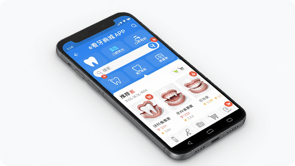 e看牙商城APP首页界面展示,主体为一部安卓手机屏幕,屏幕内显示牙科材料商城首页,包含口腔耗材分类图标、搜索栏、商品推荐列表;布局采用居中构图,手机略微倾斜展示;排版清晰整齐,功能分区明确;风格为现代简约科技风,蓝白配色为主调;细节包含牙齿图标、购物车角标、商品缩略图;画质高清,干净,无多余元素
