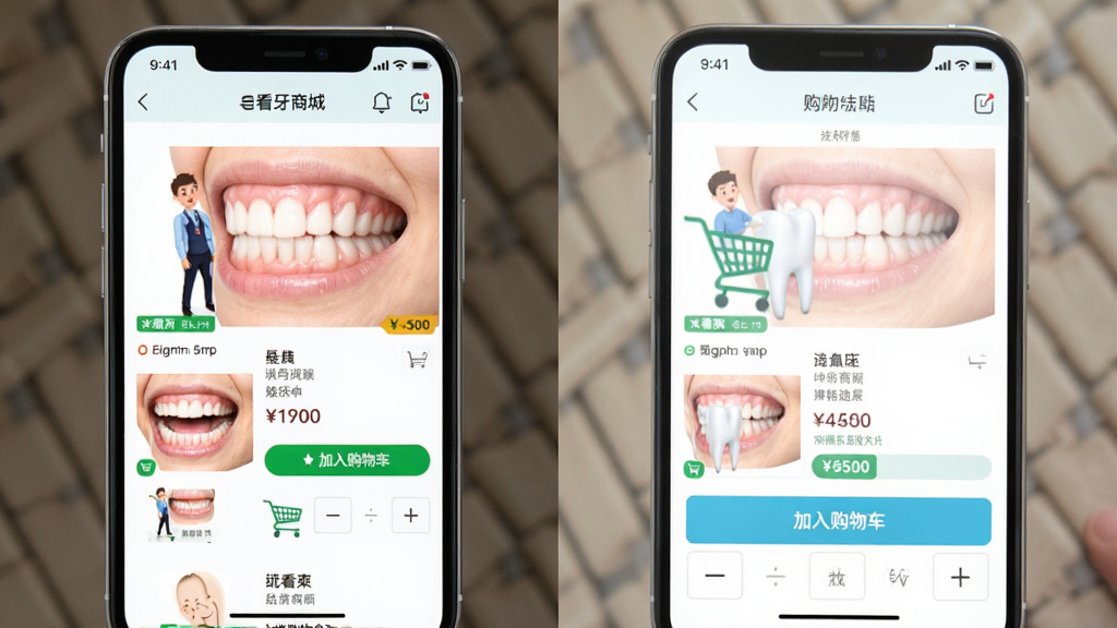 e看牙商城APP操作界面截图,主体为手机屏幕展示商品详情页和购物车页面;布局采用左右分屏对比展示;风格为真实APP截图风格,界面清晰;细节包含商品图片、价格标签、加入购物车按钮、数量选择器;画质高清,干净,无多余元素