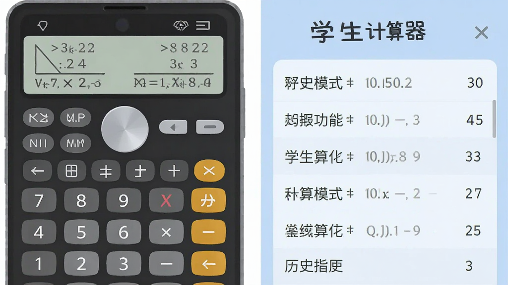 一张展示学生计算器科学计算模式与历史记录功能的示意图,画面左侧为手机屏幕显示三角函数与对数按键面板,右侧为历史记录列表,界面背景为淡蓝色,文字清晰,风格为扁平化设计,画质干净,图片中带有“学生计算器”字样