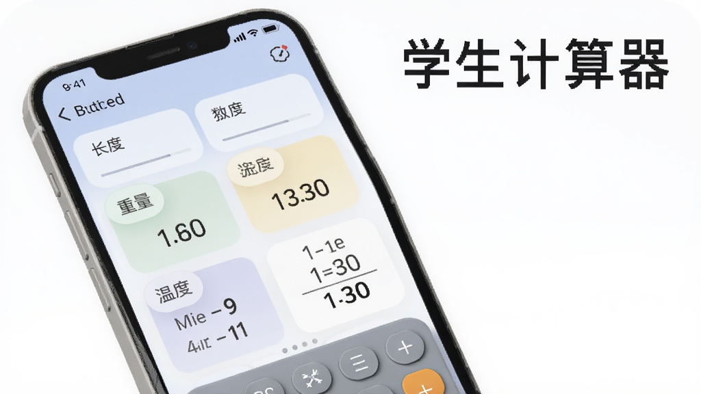 一张展示学生计算器单位换算界面的效果图,画面中手机屏幕显示长度、重量、温度等换算选项,界面采用卡片式布局,配色柔和,背景为白色,画质清晰,图片中标注“学生计算器”文字
