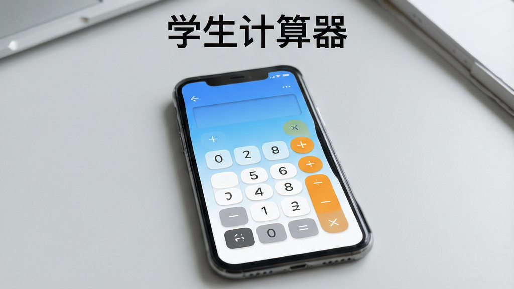 一张展示学生计算器手机应用主界面的预览图,画面中央是一部智能手机,屏幕显示学生计算器的标准计算键盘,包含数字0到9、加减乘除符号、等于号和清除键,界面配色为清爽的蓝白渐变风格,背景为浅灰色桌面,光线柔和均匀,整体风格简洁现代,画质清晰干净,无多余元素,图片上方有“学生计算器”文字标识