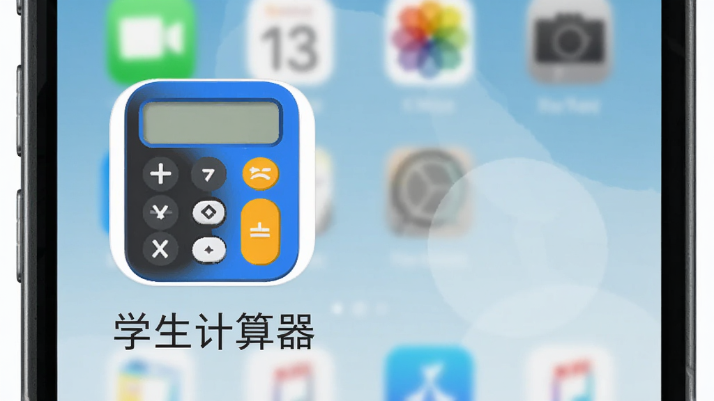 一张展示学生计算器在手机上安装完成后的桌面图标与启动画面的示意图,画面中手机桌面有一个蓝白配色的计算器图标,图标下方标注“学生计算器”文字,背景为简洁的手机桌面,画质清晰,风格干净