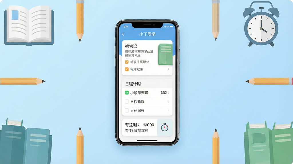画面中央放置一部智能手机,手机屏幕显示“小丁同学”应用主界面,界面包含笔记卡片、日程列表与专注计时模块,背景为浅蓝色渐变,周围环绕书本、铅笔、时钟等学习元素图标,整体布局简洁对称,风格清新扁平化,细节清晰,画质干净,无多余元素,4K高清
