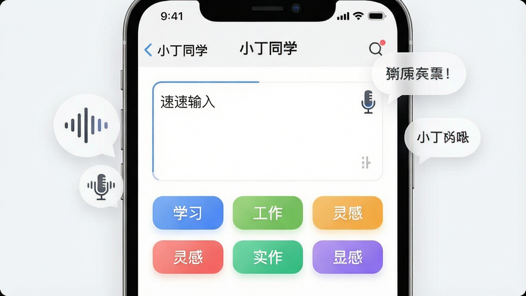 画面展示“小丁同学”笔记界面,屏幕中央为速记输入框,下方排列彩色标签卡片,标签上分别写着“学习”“工作”“灵感”等字样,周围有语音波纹图标和文字气泡,布局采用上下结构,风格现代简约,细节丰富,画质干净,无多余元素