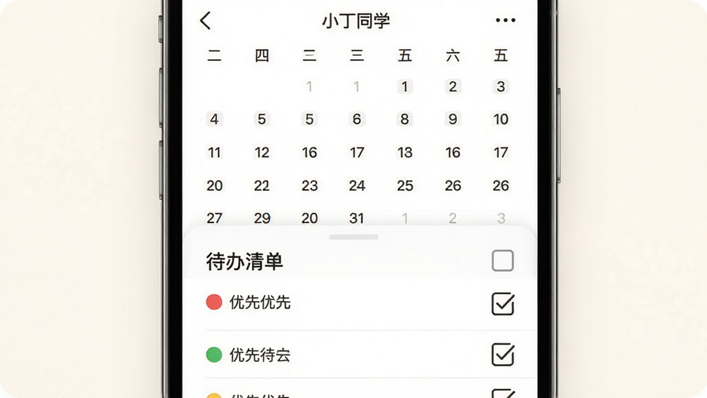 画面展示“小丁同学”日程管理页面,手机屏幕上半部分为日历视图,下半部分为待办清单列表,清单项前有彩色优先级圆点,右侧有勾选框,背景为柔和米白色,布局清晰,风格素雅,细节精致,画质干净,无多余元素