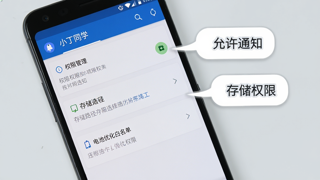 画面展示一部安卓手机屏幕显示“小丁同学”设置页面,页面中包含权限管理、存储路径选择、电池优化白名单等选项,屏幕旁边有提示气泡标注“允许通知”“存储权限”等字样,背景为浅灰色,布局清晰,风格简洁商务,细节到位,画质干净,无多余元素