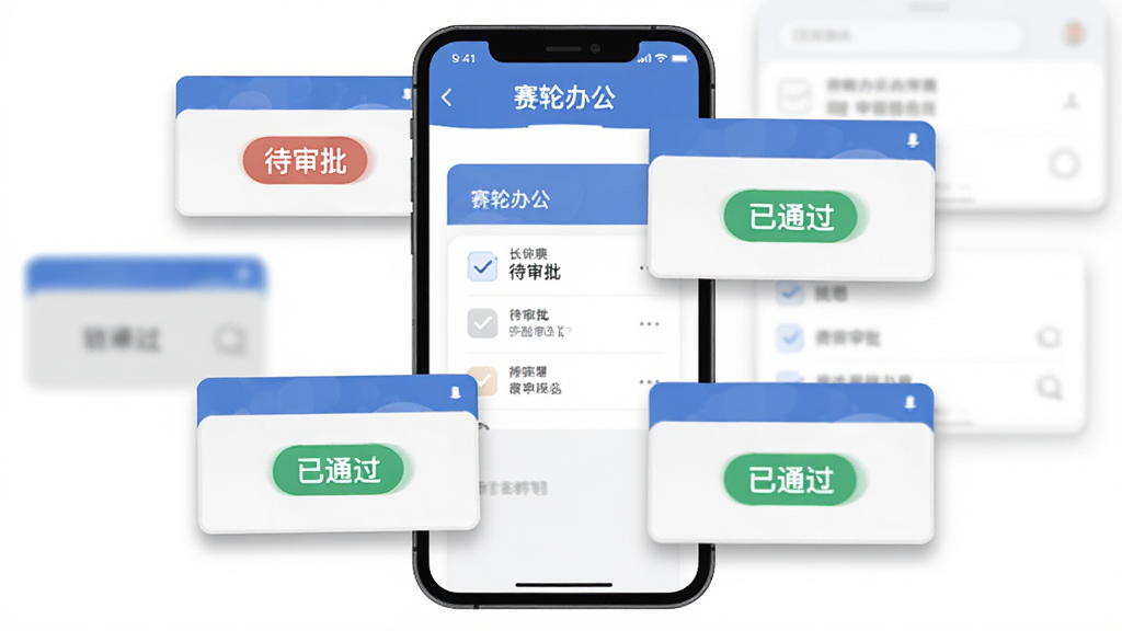一部手机屏幕中展示“赛轮办公”审批流程界面,画面主体为手机与悬浮的审批卡片,卡片上写有“待审批”“已通过”等状态标签,布局为手机居中、卡片环绕四周,风格为扁平化商务插画,细节上使用蓝白灰配色、卡片带有轻微阴影,画质清晰,干净,无多余元素。