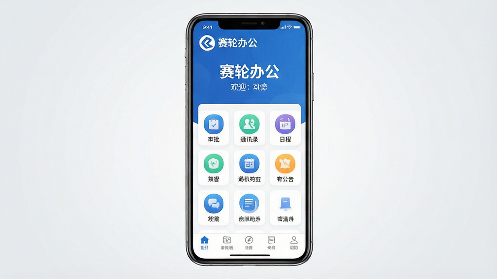 一张展示赛轮办公手机客户端主界面的预览图,画面主体为一部竖屏智能手机,屏幕内呈现“赛轮办公”应用首页,上方显示企业Logo与欢迎语,中部为功能图标网格,包含审批、通讯录、日程、公告等入口,底部为导航栏。布局居中,排版整齐,风格为现代商务简约风,细节上图标圆润、配色以蓝白为主,背景为干净的浅灰色渐变。画质清晰,干净,无多余元素。