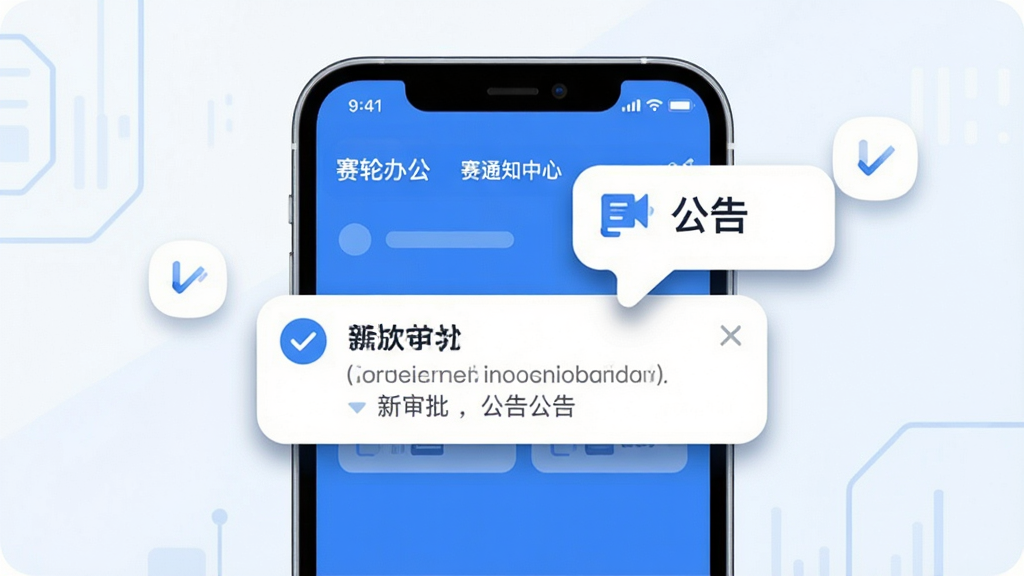 一部手机屏幕展示“赛轮办公”消息通知中心,画面主体为手机与弹出的通知气泡,气泡内写有“新审批”“公告”等字样,布局为手机居中、气泡从屏幕上方飘出,风格为现代科技感扁平插画,细节上使用蓝白配色、气泡带有圆角与阴影,画质清晰,干净,无多余元素。