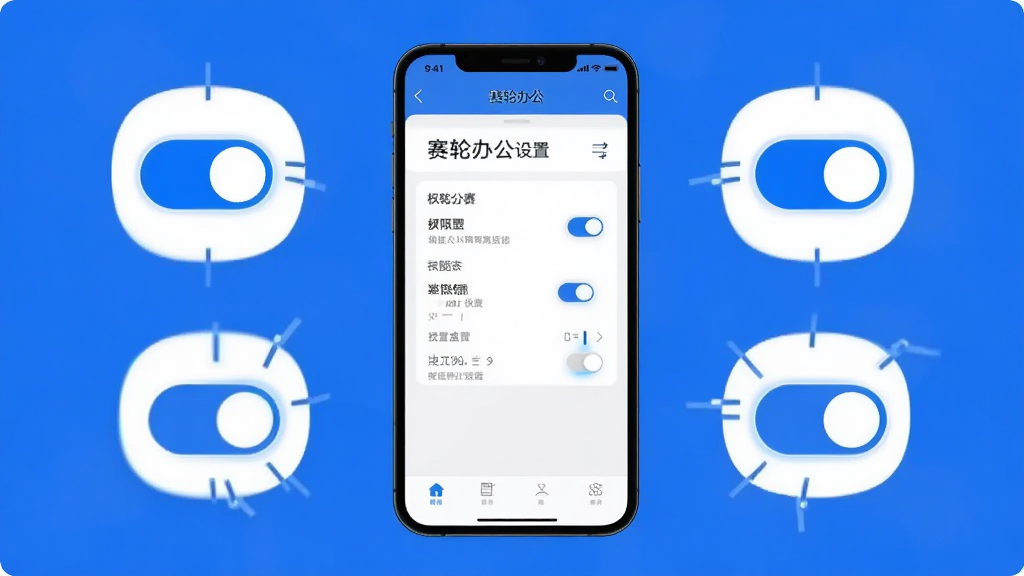 一部手机展示“赛轮办公”设置界面,画面主体为手机与权限开关图标,布局为手机居中、图标环绕,风格为扁平化科技风,细节上使用蓝白配色、开关带有高亮状态,画质清晰,干净,无多余元素。
