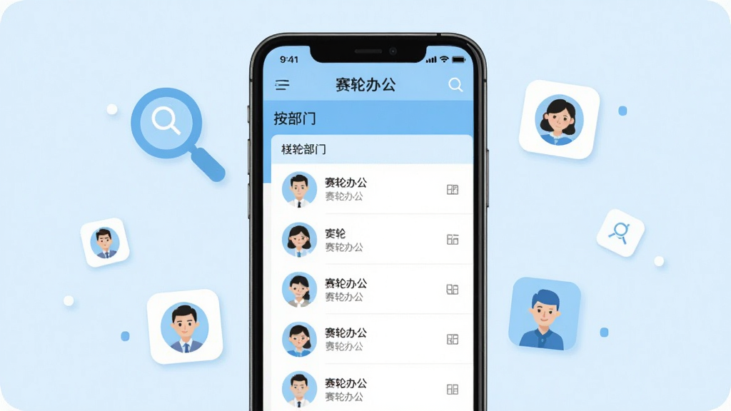 画面主体为“赛轮办公”企业通讯录界面,一部手机竖屏显示按部门分类的联系人列表,旁边漂浮着搜索放大镜与头像图标,布局为手机居中、元素环绕,风格为清新扁平化,细节上配色以浅蓝与白色为主、头像为圆形,画质清晰,干净,无多余元素。