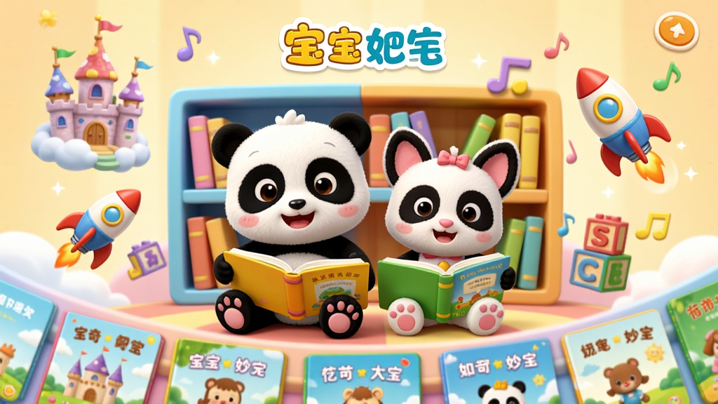 宝宝巴士阅读软件主界面,画面中央显示可爱的熊猫奇奇和妙妙坐在彩色书架前翻阅绘本,周围环绕漂浮的童话城堡、小火箭、字母积木和音符,布局为上下结构,上方是品牌Logo,下方展示绘本封面排列成弧形,排版清晰,风格为3D卡通渲染,细节包括柔和的光影、明快的糖果色配色、毛绒质感的角色,画质为高清,干净,无多余元素。