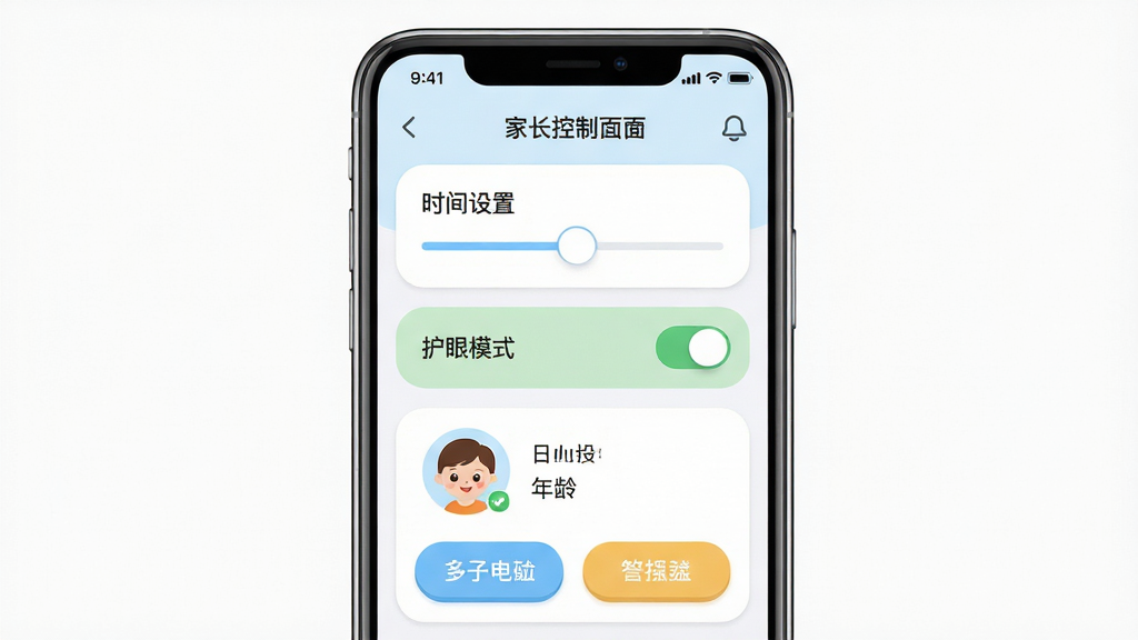 宝宝巴士阅读家长中心设置界面,画面展示一部智能手机屏幕,屏幕上显示家长控制面板,包含时间设置滑块、护眼模式开关、孩子头像与年龄信息,布局为手机正面居中展示,排版清晰呈现各项功能按钮,风格为现代简约UI风格,细节包括柔和的界面配色、圆角图标、清晰的文字标签,画质为高清,干净,无多余元素。