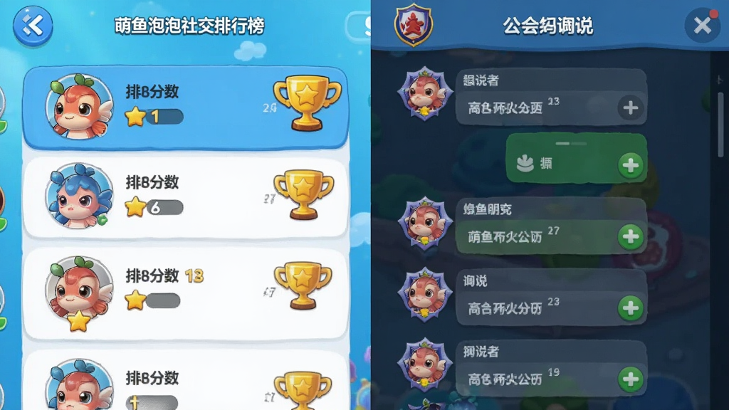 萌鱼泡泡社交排行榜界面图,画面展示好友排行榜列表与公会聊天界面,布局为竖屏手游社交页面,风格为清新卡通,细节包含头像、分数、排名奖杯、公会徽章,画质高清,干净无多余元素