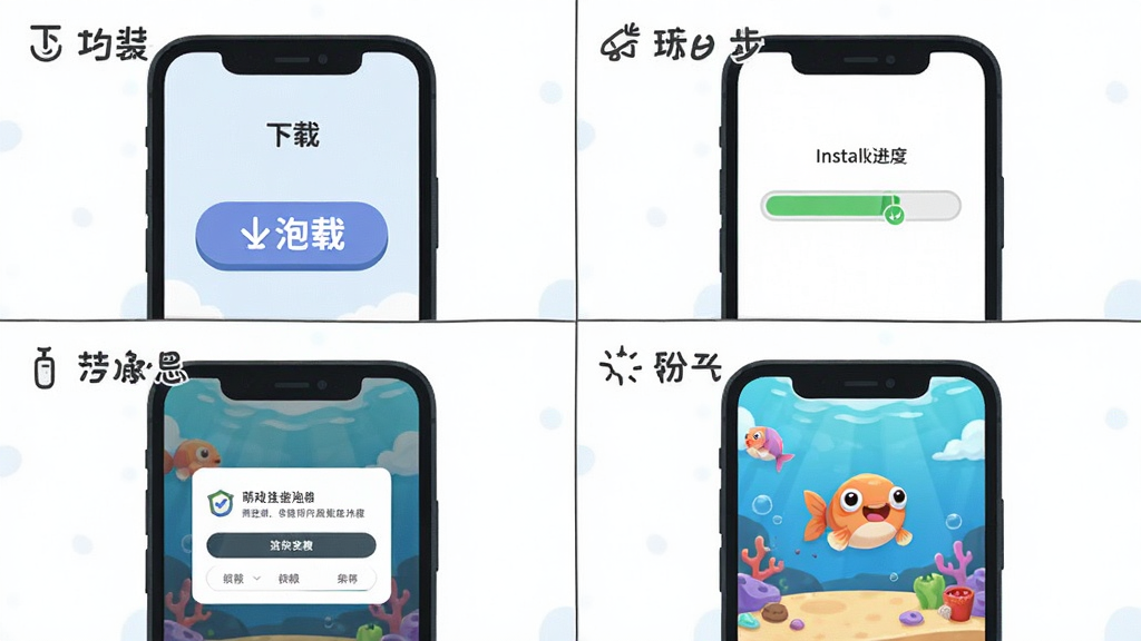萌鱼泡泡新手安装操作步骤图,画面展示手机屏幕从下载到安装完成的全过程,布局为四格步骤图,风格为扁平化教程插画,细节包含下载按钮、安装进度条、权限弹窗、游戏启动画面,画质高清,干净无多余元素