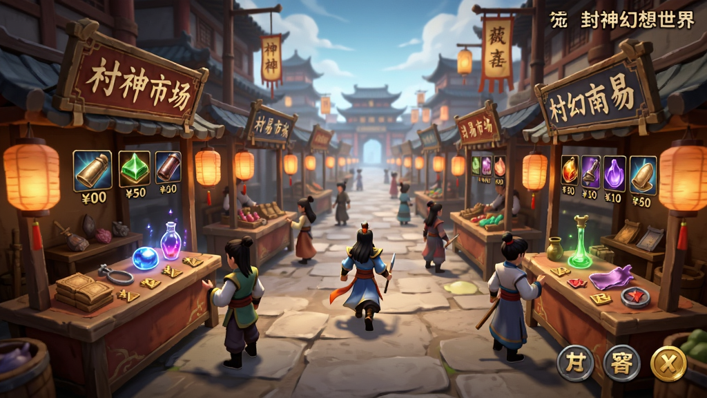 封神幻想世界交易市场界面,画面为摆摊场景,多个摊位排列在朝歌城街道两侧,摊位上显示出售的物品图标与价格,玩家角色穿梭其间,风格为东方玄幻市集风格,细节包括摊位上的灯笼招牌、物品品质光效、交易货币图标,画质高清,画面干净,无多余元素