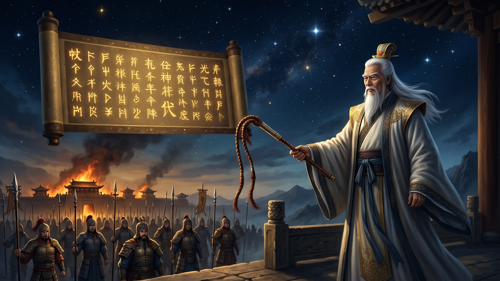 封神幻想世界剧情场景展示,画面中姜子牙手持打神鞭站在岐山封神台上,背景是漫天星辰与封神榜卷轴悬浮空中,下方众将列阵,风格为东方玄幻史诗感,色调偏暗金与深蓝,细节包括封神榜上的金色符文、姜子牙的白发与道袍、远处燃烧的朝歌城轮廓,画质高清,画面干净,无多余元素