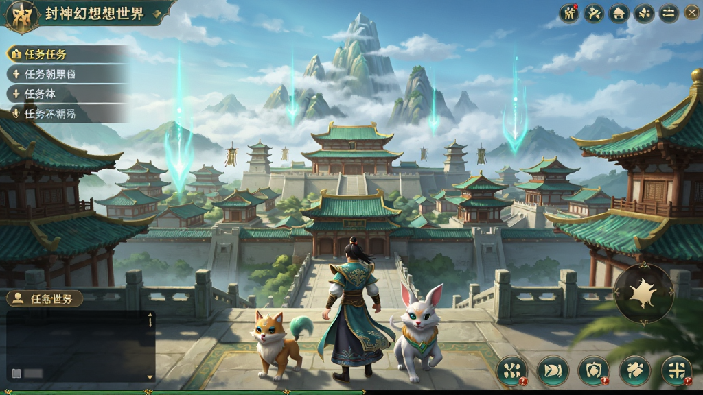封神幻想世界游戏主界面全景展示,画面中央是宏伟的朝歌城场景,国风建筑群错落有致,远处云雾缭绕的昆仑仙山若隐若现,近景有玩家角色与宠物并肩站立,界面四周分布着任务追踪、聊天窗口、功能按钮等UI元素,整体色调以青绿与金色为主,风格为东方玄幻国风,细节包括角色服饰纹样、建筑飞檐斗拱、漂浮的仙气光效,画质高清,画面干净,无多余元素