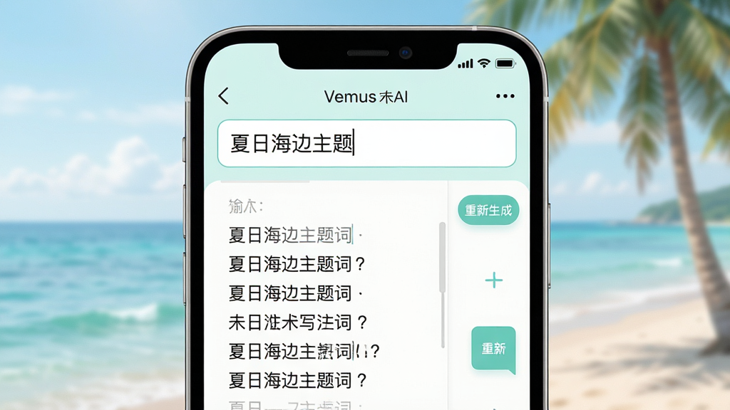 һ��չʾVemusδ��AIд�ʹ��ܵĽ���ʾ��ͼ������Ϊ�ֻ���Ļ��ʾ�������ҳ�棬���ֲ������·����Ű棬�Ϸ�Ϊ������·�Ϊ���ɽ�������Ϊ����ǳɫϵUI���ϸ�ڰ����������д�С����պ��ߡ�����ʡ��·�������и��֡�������������ɰ�ť�����ʸ��壬����ɾ����޶���Ԫ��