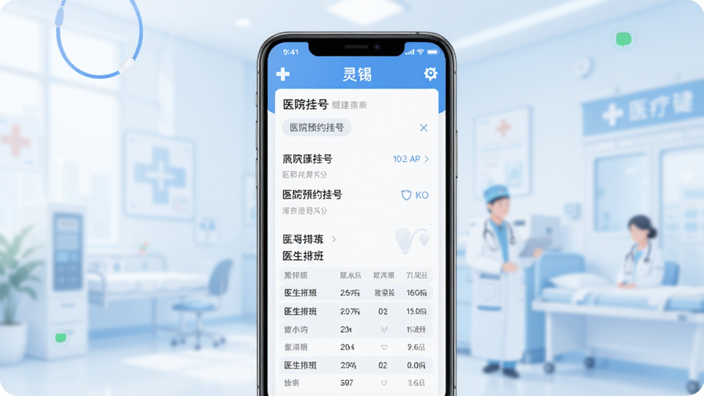 չʾ����APPҽ�ƽ������Ľ���廭���ֻ���Ļ��ʾҽԺԤԼ�Һ��б���ҽ���Ű��������Ϊ��͵�ҽ������ɫ�����������רҵ�������������ɾ����޶���Ԫ��