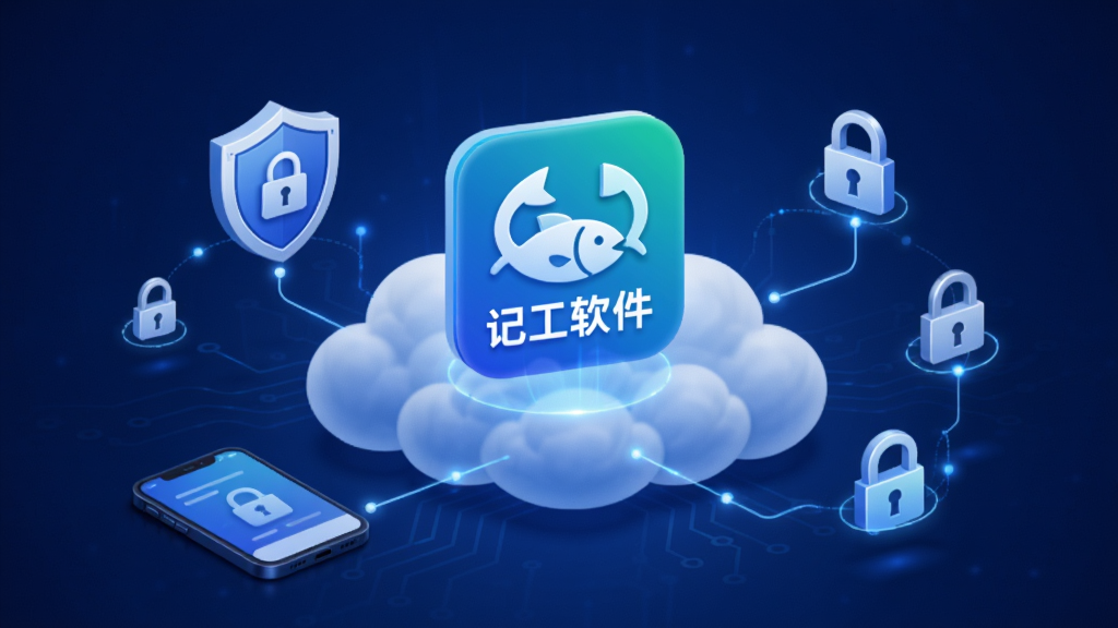 云端数据安全概念图,画面中央是鱼泡工地记工软件的图标悬浮在云朵上方,周围有盾牌和锁形图标环绕,数据线条连接手机与云端,背景为深蓝色渐变,科技感十足,风格简洁现代,细节清晰,画质干净,无多余元素