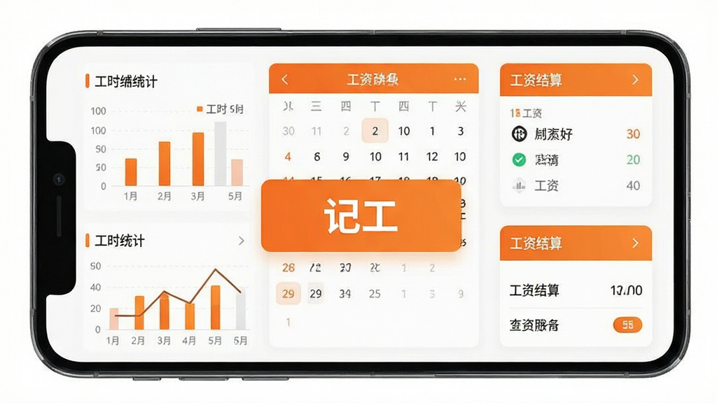 手机屏幕展示鱼泡工地记工软件主界面,画面中央是醒目的记工按钮和日历视图,周围环绕着工时统计图表和工资结算卡片,整体采用橙色与白色搭配的清爽风格,扁平化UI设计,界面元素排列整齐,细节清晰,画质干净,无多余装饰元素