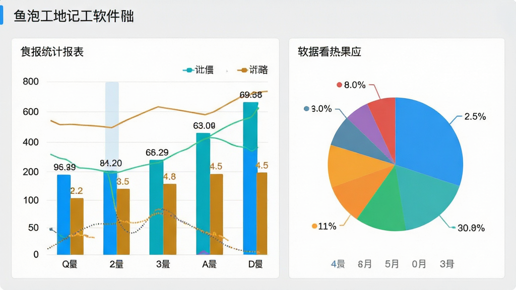 鱼泡工地记工软件的统计报表页面,画面展示柱状图和饼状图组合的数据看板,图表颜色鲜明,数据标签清晰可见,背景为浅灰色,整体风格专业简洁,细节精致,画质干净,无多余元素