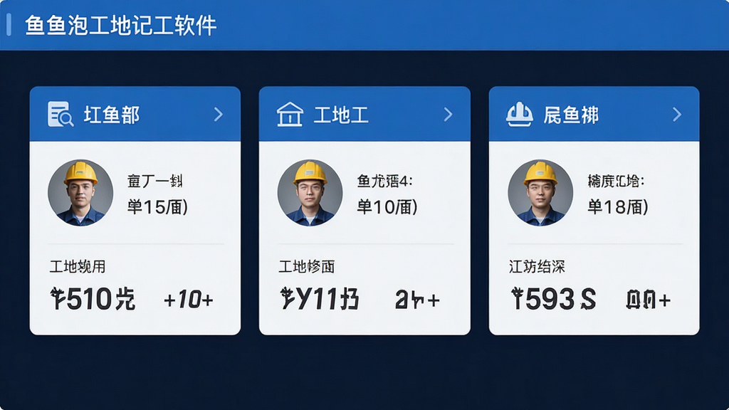 鱼泡工地记工软件的多工地管理界面截图,画面中显示三个工地卡片并列排列,每个卡片上有工地名称、工人头像和工时统计数字,界面采用蓝色与白色商务风格,布局清晰,图标精致,文字标注明确,画质干净,无多余元素